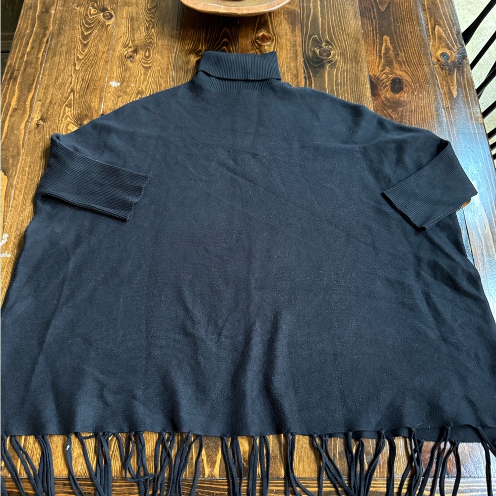 Black VOY Turtleneck Poncho with Fringe